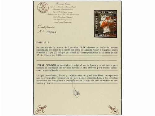 ° ESPAÑA. Ed. 1. 6 cuartos negro, pl. I. Mat. LACRADOR con R