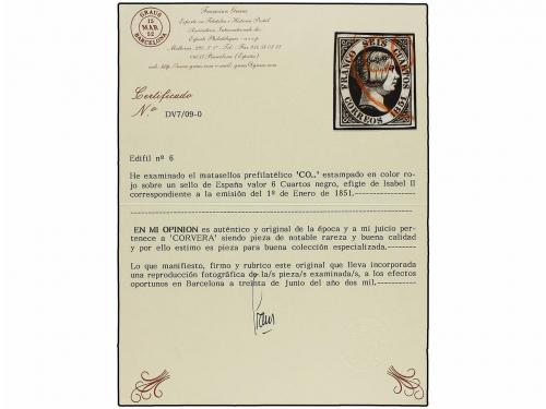 ° ESPAÑA. Ed. 6. 6 cuartos negro. Mat. prefilatélico CORVERA
