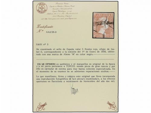 ° ESPAÑA. Ed. 3. 5 reales rojo. Mat. A de TERUEL. Extraordin