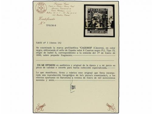 Δ ESPAÑA. Ed. 1. 6 cuartos negro, pl. I sobre pequeño fragme