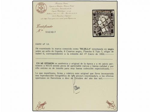 ° ESPAÑA. Ed. 1A. 6 cuartos negro, pl. II. Mat. PARRILLA DE 