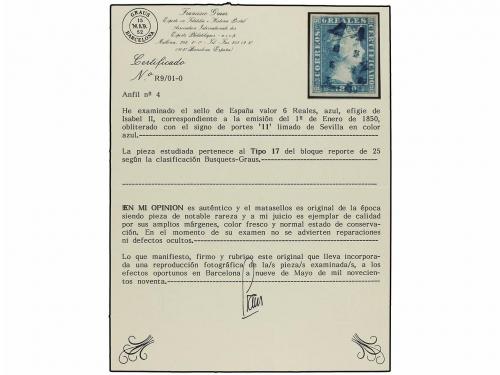 ° ESPAÑA. Ed. 4. 6 reales azul, mat. 11 LIMADO DE SEVILLA en