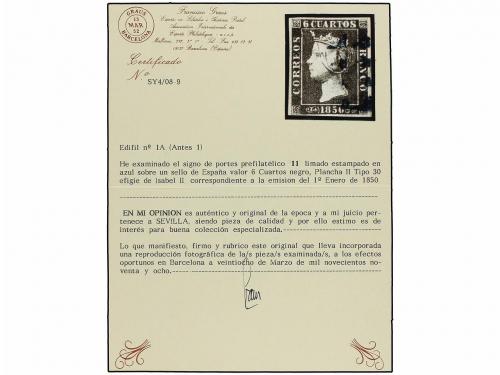 ° ESPAÑA. Ed. 1A. 6 cuartos negro, pl. II tipo 30, mat. 11 L