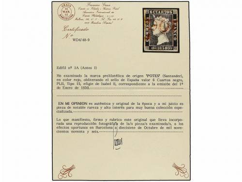 ° ESPAÑA. Ed. 1A. 6 cuartos negro, pl. II tipo 15, mat. line