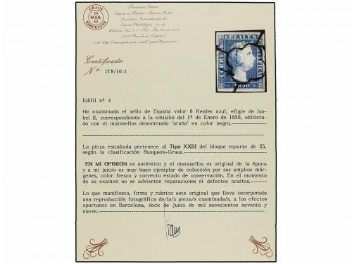 ° ESPAÑA. Ed. 4. 6 reales azul. PIEZA DE LUJO. Cert. GRAUS. 
