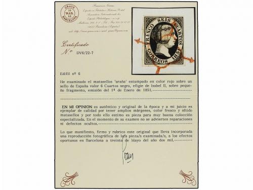 Δ ESPAÑA. Ed. 6. 6 cuartos negro sobre fragmento, mat. ARAÑA