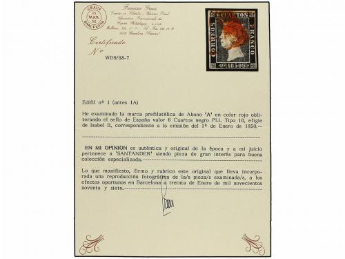 ° ESPAÑA. Ed. 1. 6 cuartos negro, pl. I tipo 10, mat. A de S
