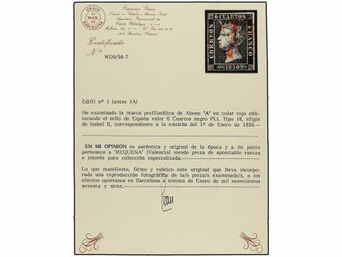 ° ESPAÑA. Ed. 1. 6 cuartos negro, pl. I tipo 18, mat. A de R