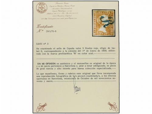 ° ESPAÑA. Ed. 3. 5 reales rojo, mat. R de BARCELONA en azul.