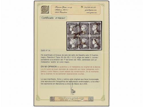° ESPAÑA. Ed. 1A (6). 6 cuartos negro. Bloque de seis. MAGNÍ