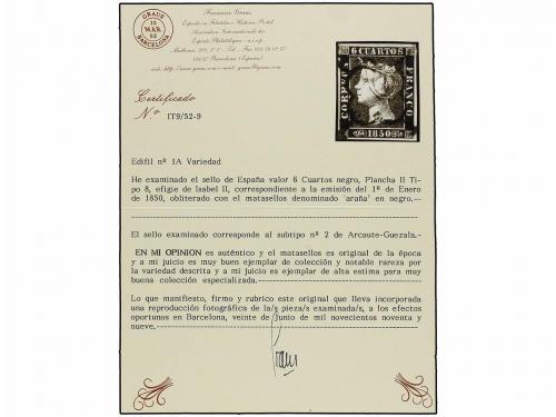 ° ESPAÑA. Ed. 1A. 6 cuartos negro, pl. II tipo 8. Variedad d