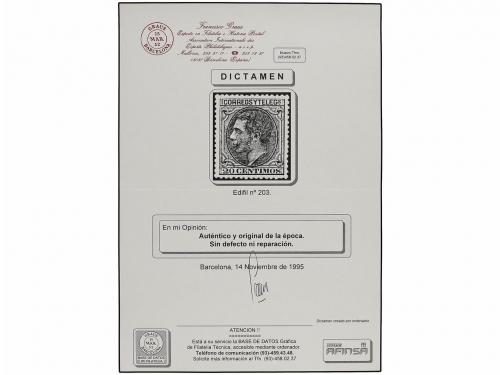 * ESPAÑA. Ed. 203. 20 cts. castaño. PIEZA DE LUJO. Dictamen 