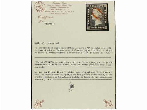 ° ESPAÑA. Ed. 1. 6 cuartos negro, pl. I tipo 3, mat. O de AL