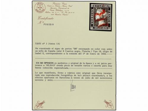 ° ESPAÑA. Ed. 1. 6 cuartos negro, pl. I, tipo 19, mat. 1R de