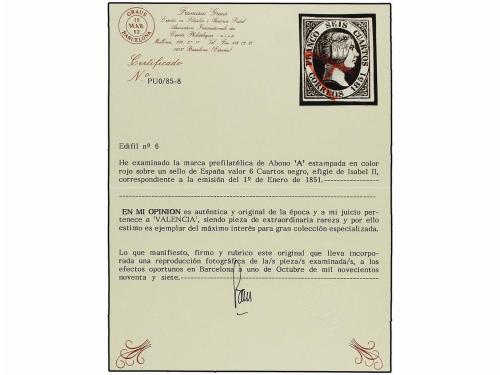 ° ESPAÑA. Ed. 6. 6 cuartos negro, mat. A de VALENCIA en rojo
