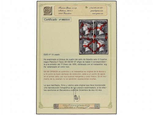 ° ESPAÑA. Ed. 1A. 6 cuartos negro, pl. II, tipos 28-29/36-37