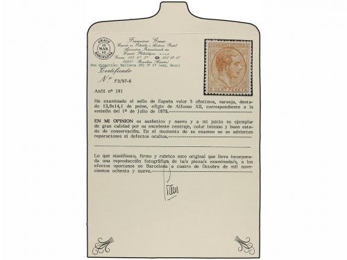 ** ESPAÑA. Ed. 191. 5 cents. naranja. PIEZA DE LUJO. Cert. G
