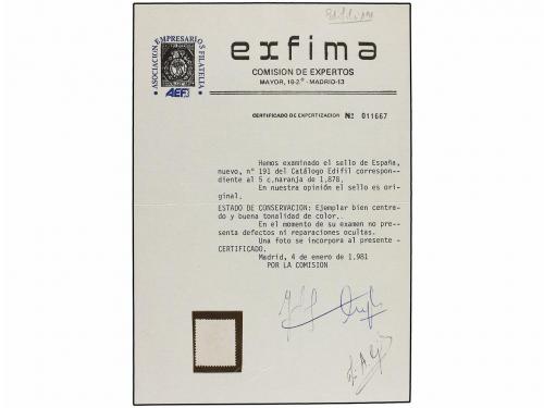 ** ESPAÑA. Ed. 191. 5 cents. naranja. PIEZA DE LUJO. Cert. G
