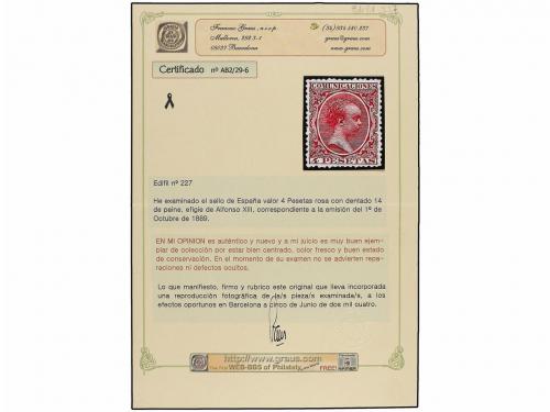 ** ESPAÑA. Ed. 227. 4 pts. rosa. PIEZA DE LUJO. Cert. GRAUS.