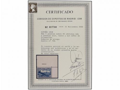 ** ESPAÑA. Ed. 759. Aéreo + 5 pts. azul. Espectacular ejempl