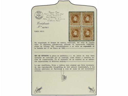 ** ESPAÑA. Ed. NE 11. NO EMITIDO. 15 cts. castaño rojo, bloq
