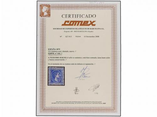 ** ESPAÑA. Ed. 164. 10 cts. azul. PIEZA DE LUJO. Cert. COMEX