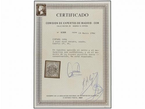 ° ESPAÑA. Ed. 34. 1 real azul. MAGNÍFICO EJEMPLAR. Cert. CEM