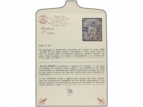 ° ESPAÑA. Ed. 107. 50 mils. azul, mat. del FERROCARRIL DE BA