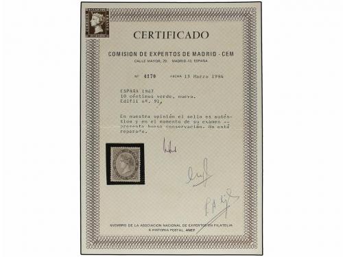 * ESPAÑA. Ed. 91. 10 cent. verde. PIEZA DE LUJO. Cert. CEM. 