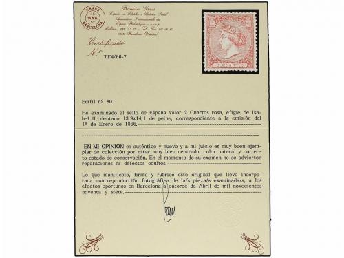 * ESPAÑA. Ed. 80. 2 cuartos rosa. PIEZA DE LUJO. Cert. GRAUS
