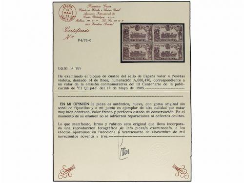 ** ESPAÑA. Ed. 265 (4). 4 pts. violeta. Bloque de cuatro, ce