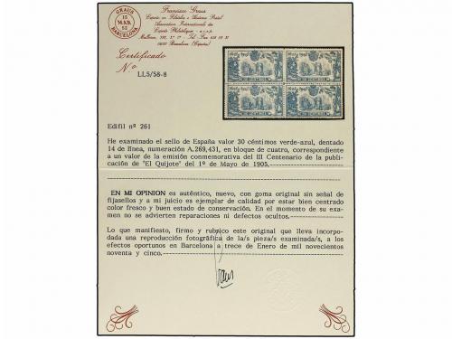 ** ESPAÑA. Ed. 261 (4). 30 cts. verde. Bloque de cuatro, cen