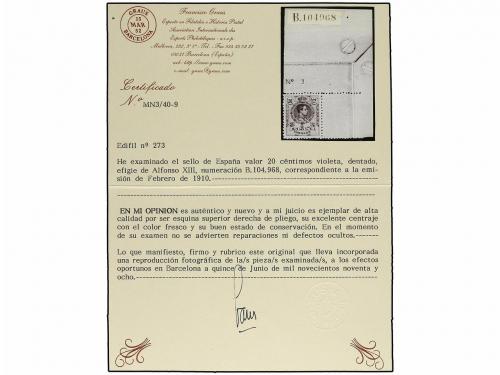 * ESPAÑA. Ed. 273. 20 cts. violeta. Espectacular ejemplar, e