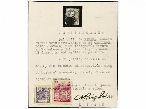 ° ESPAÑA. Ed. 124F. 25 cts. castaño FALSO POSTAL. 3 sellos e