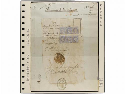 */° ✉ ESPAÑA. Ed. 107F. 50 mils. azul, FALSO POSTAL, tipo V.