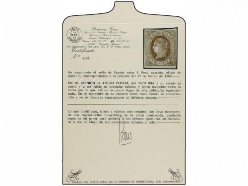 * ESPAÑA. Ed. 67 F. 1 real castaño s. azul FALSO POSTAL tipo