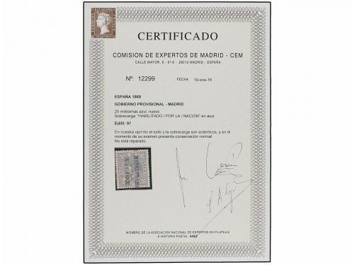 * ESPAÑA. Ed. 97. 25 mils. azul. HABILITADO/POR LA/NACION en