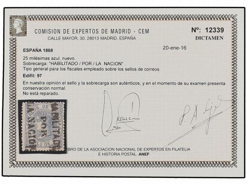 * ESPAÑA. Ed. 97. 25 mils. azul HABILITADO/POR/LA NACION en 
