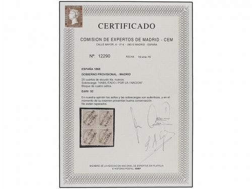 * ESPAÑA. Ed. 92 (4). 20 cts. lila HABILITACIÓN/POR LA/NACIÓ