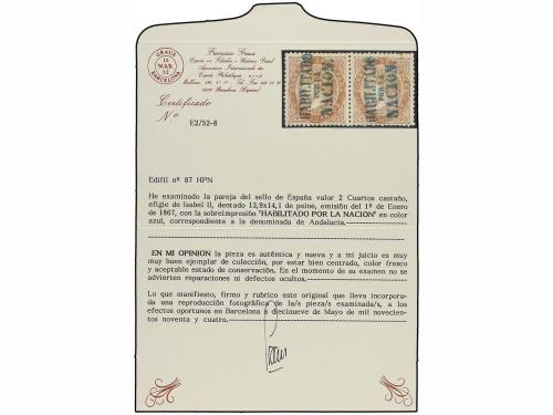 * ESPAÑA. Ed. 87 (2). 2 cuartos castaño claro.HABILITADO/POR