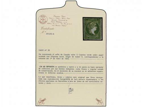 * ESPAÑA. Ed. 39. 2 cuartos verde. MAGNÍFICO EJEMPLAR. Cert.