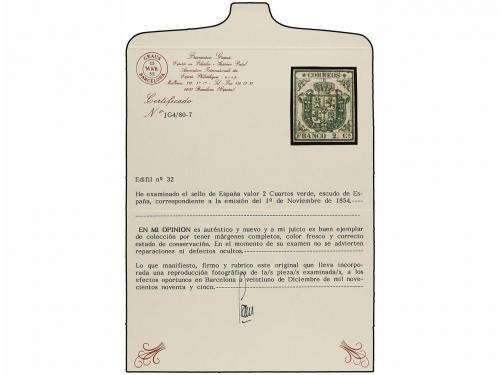 * ESPAÑA. Ed. 32. 2 cuartos verde. MAGNÍFICO EJEMPLAR. Cert.