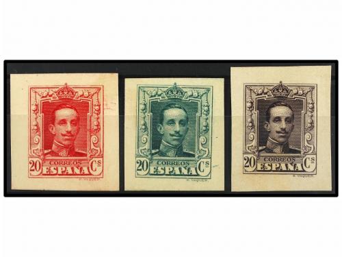 ESPAÑA. Ed. 316. 20 cts. ENSAYO DE COLOR. Tres sellos sobre 