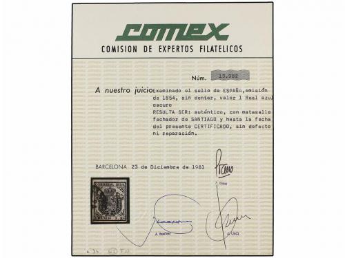 ° ESPAÑA. Ed. 34. 1 real azul, mat. fechador SANTIAGO/CORUÑA