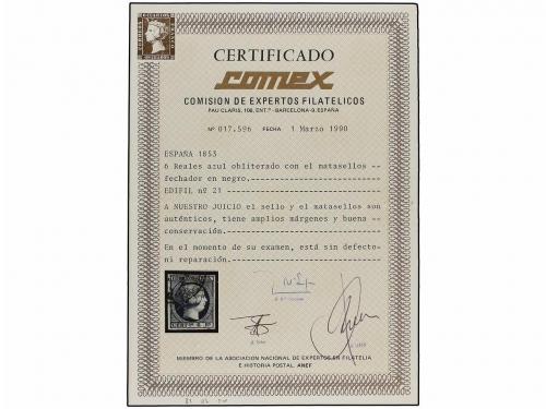 ° ESPAÑA. Ed. 21. 6 reales azul, mat. FECHADOR en negro, no 