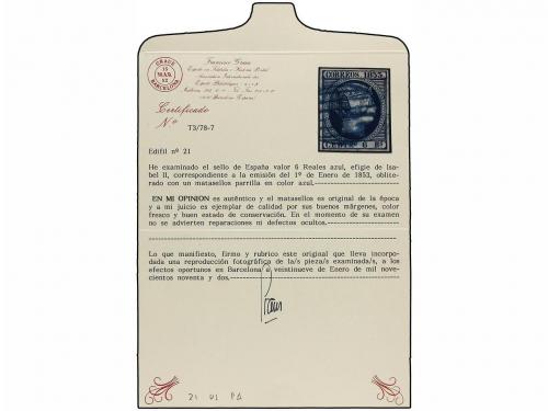 ° ESPAÑA. Ed. 21. 6 reales azul, mat. PARRILLA AZUL. MAGNÍFI