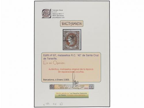 ° ESPAÑA. Ed. 67 (5). 1 real castaño s. verde. 3 sellos y 1 