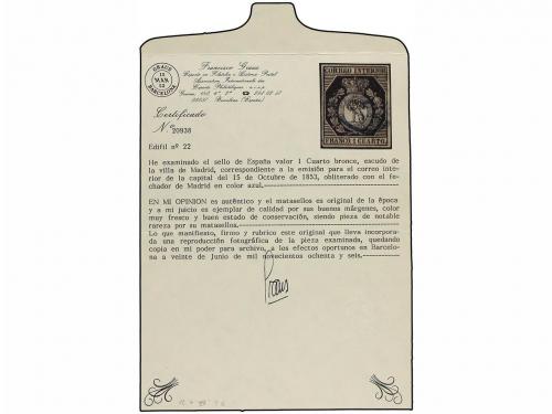 ° ESPAÑA. Ed. 22. 1 cuarto bronce, fechador MADRID/* en azul