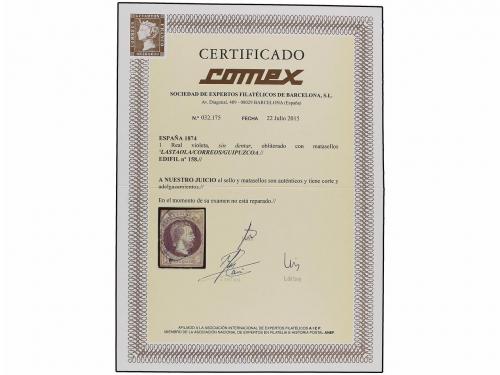 ° ESPAÑA. Ed. 158 (2). 1 real violeta, 2 sellos con mat. ova