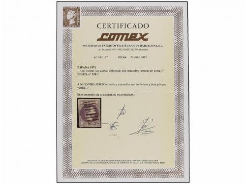 ° ESPAÑA. Ed. 158 (2). 1 real violeta, 2 sellos con mat. ova